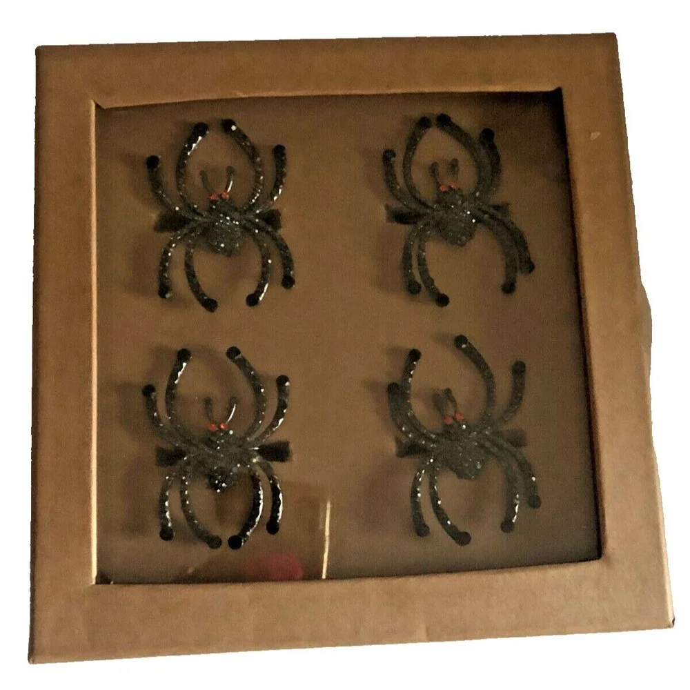 Tahari Halloween Spider Napkin Rings Holders Black Red Rhinestones Set Of 4